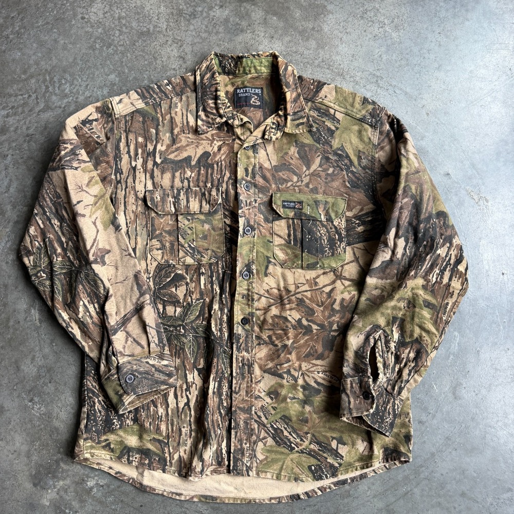 Vintage Rattlers Brand Camo Realtree Chamois Button Up Shirt Heavyweight Mens L